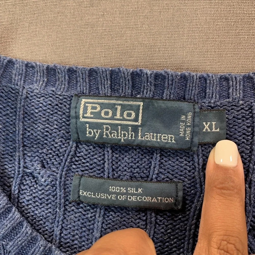 Polo By Ralph Lauren Sweater Mens XL Blue 100% Silk Cable Knit Crewneck Pullover